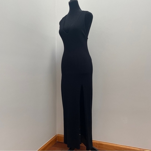 Michael Costello x Revolve- Black Variegated Rib Bodycon Dress V Neck Side Slit - Picture 3 of 12